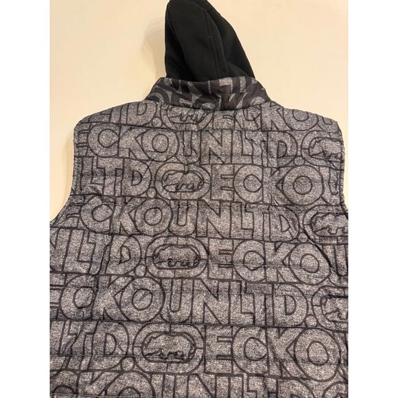 Men's Ecko Unltd Hooded Puffer Vest Full Zip Logo Text Print Gray Black Size 2XL - Picture 8 of 10